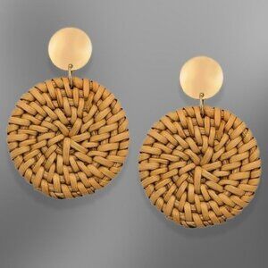 Icing Stud Boho Earrings Round Disc Rattan Woven Lightweight Brown Gold W OS NWT
